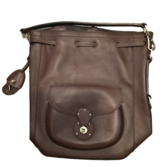 Ralph Lauren Italy Ricky Vintage Brown Leather Drawstring Tote Bag Purse XMAS - Picture 1 of 12